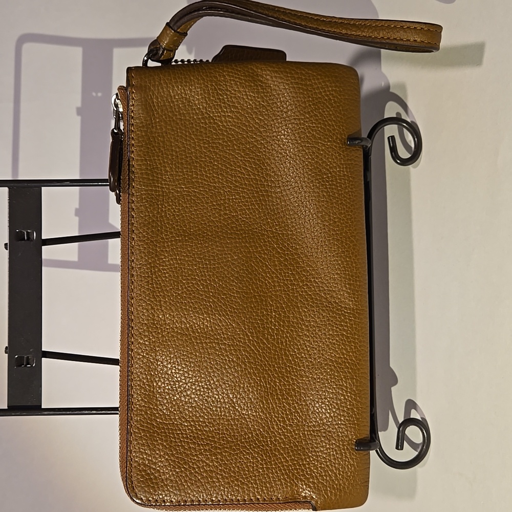 Coach Double Zipper Camel Pebbled Leather Wristlet L-8.5"XH-4.75" - Picture 2 of 14